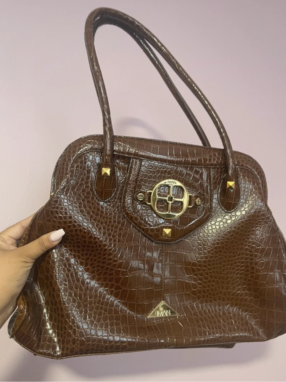 IMAN Brown Croc-Embossed Shoulder Bag with Gold Hardware